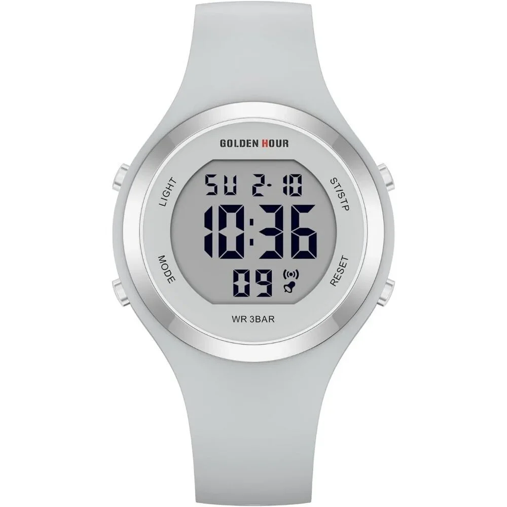 Unisex Grey Silicone Digital Sports Gold Bezel Water-Resistant Alarm Stopwatch